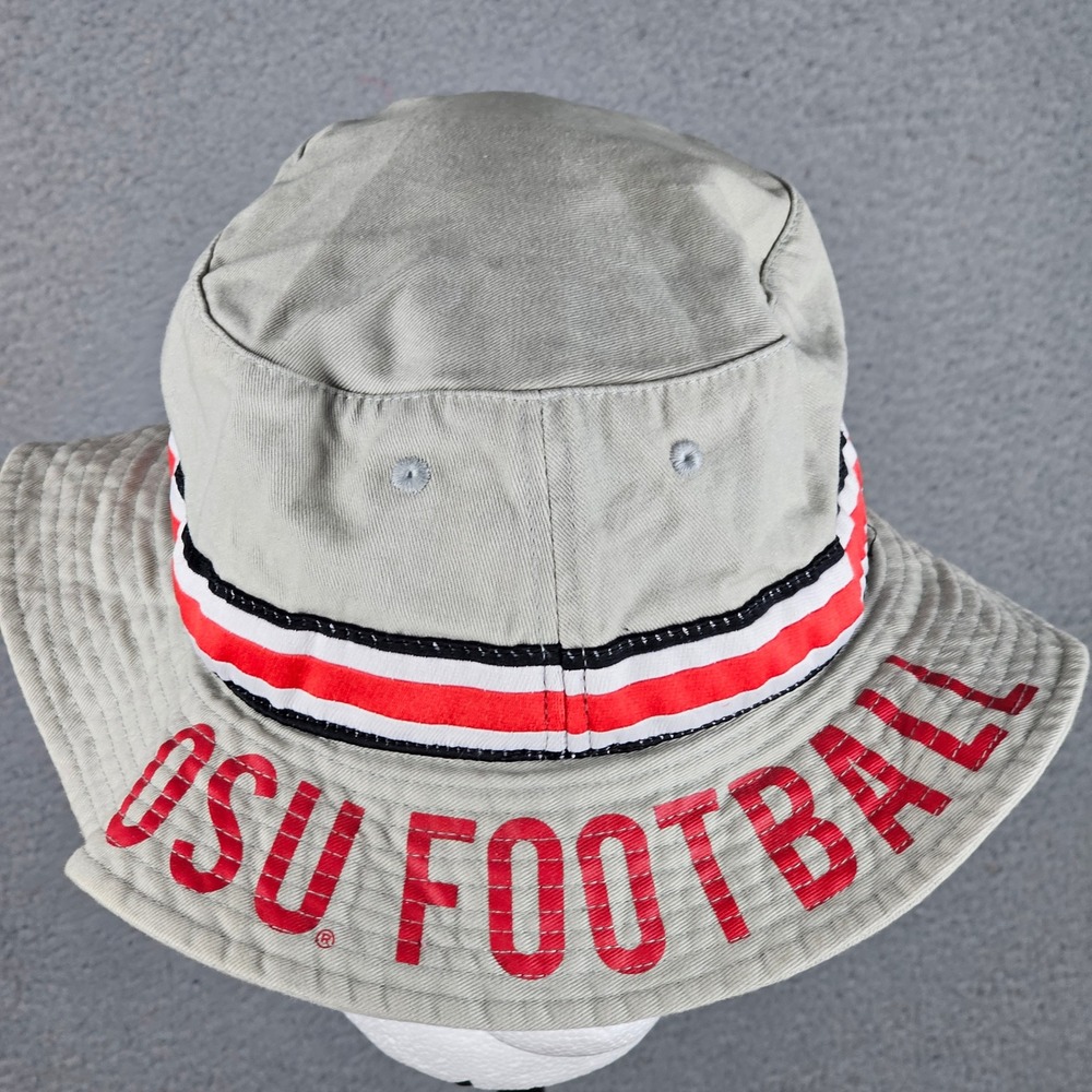 OSU Bucket Hat Mens OSFM Tan Ohio State Football Buckeye Leaves Striped Ribbon